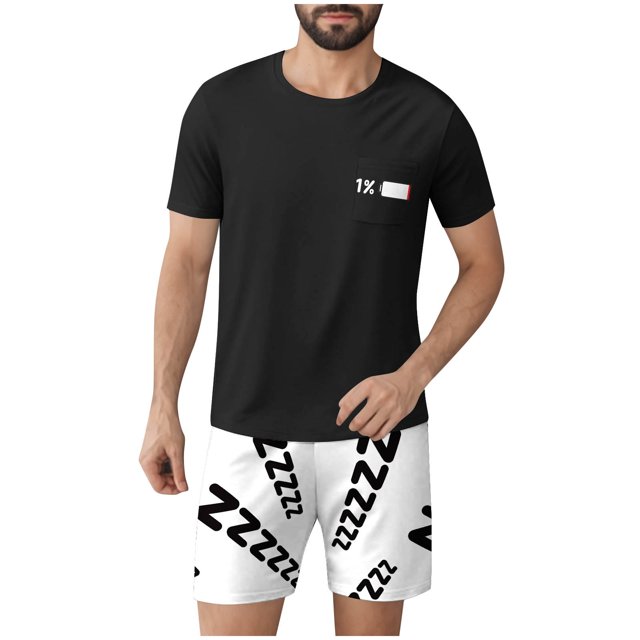 Ensembles de Pyjamas 2 Pcs pour Hommes Ultra Doux Texturés Costumes Athlétiques Extensibles Col Rond Manches Courtes Chemises Athlétiques Extensibles Séchage Rapide Vêtements de Détente Shorts Ensembles d'Été Hommes 2 Pcs Chemise de Nuit