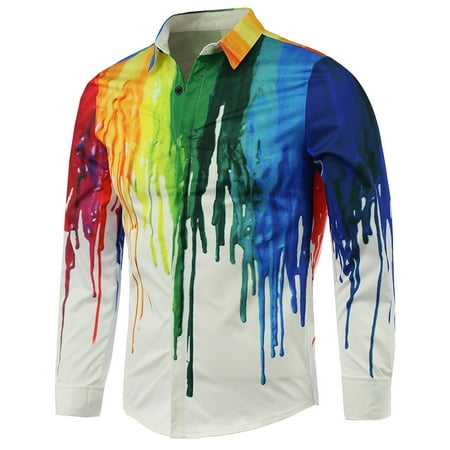 - Colorful Paint Dripping Print Covered Button Front Long Sleeve Shirt