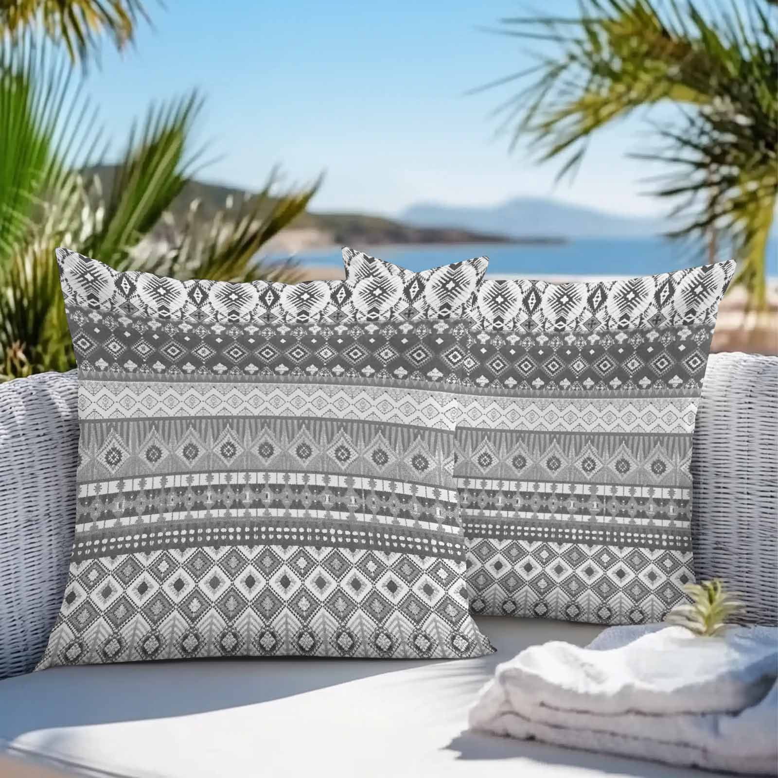 Outdoor Waterproof Throw Pillow Covers Set of 2 Black Bohemian Decorative Pillowcases Square Pillows Cushion Case 18x18 Inch Boho Style Floral Leaves Geometric Patio Pillows for Couch Sofa Bed