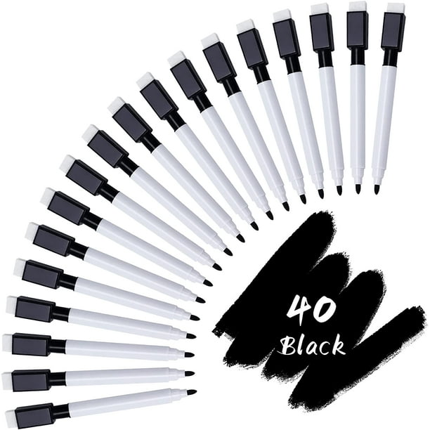 RETON 40PCS Dry Erase Markers with Eraser, Black Fine Tip Point