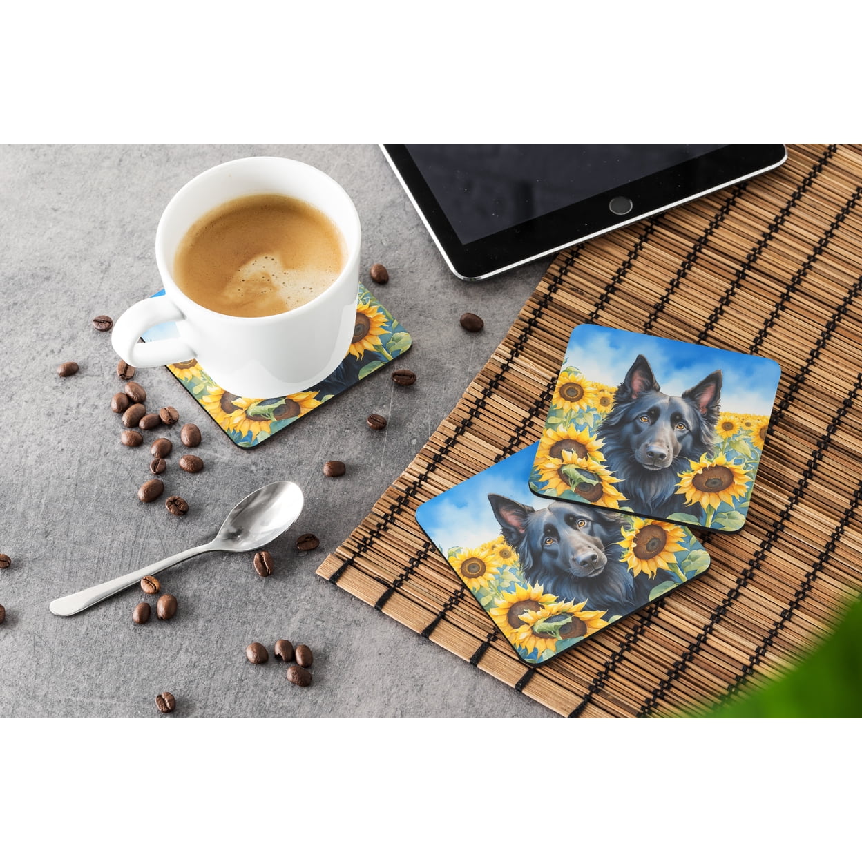 Belgian Sheepdog in Sunflowers Foam Coasters 3.5 in x 3.5 in