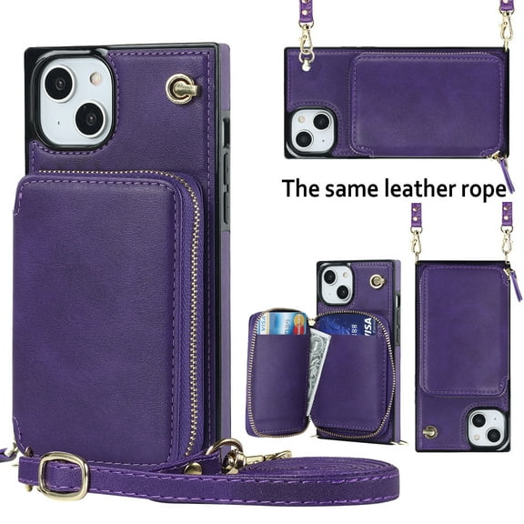 Crossbody Wallet Case for iPhone 12, RFID Blocking PU Leather Zipper Handbag Purse Flip Cover, Kickstand Case with Card Slots Holder Wrist Strap Lanyard For iPhone 12, Purple