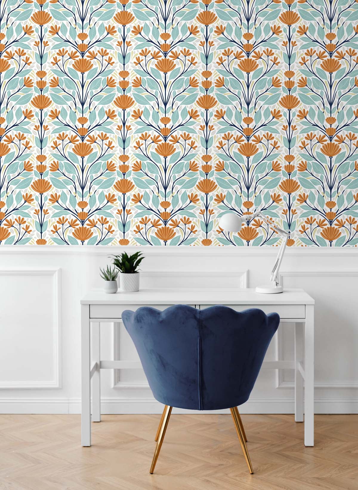 NextWall Verdigris & Orange Folk Floral Peel and Stick Wallpaper