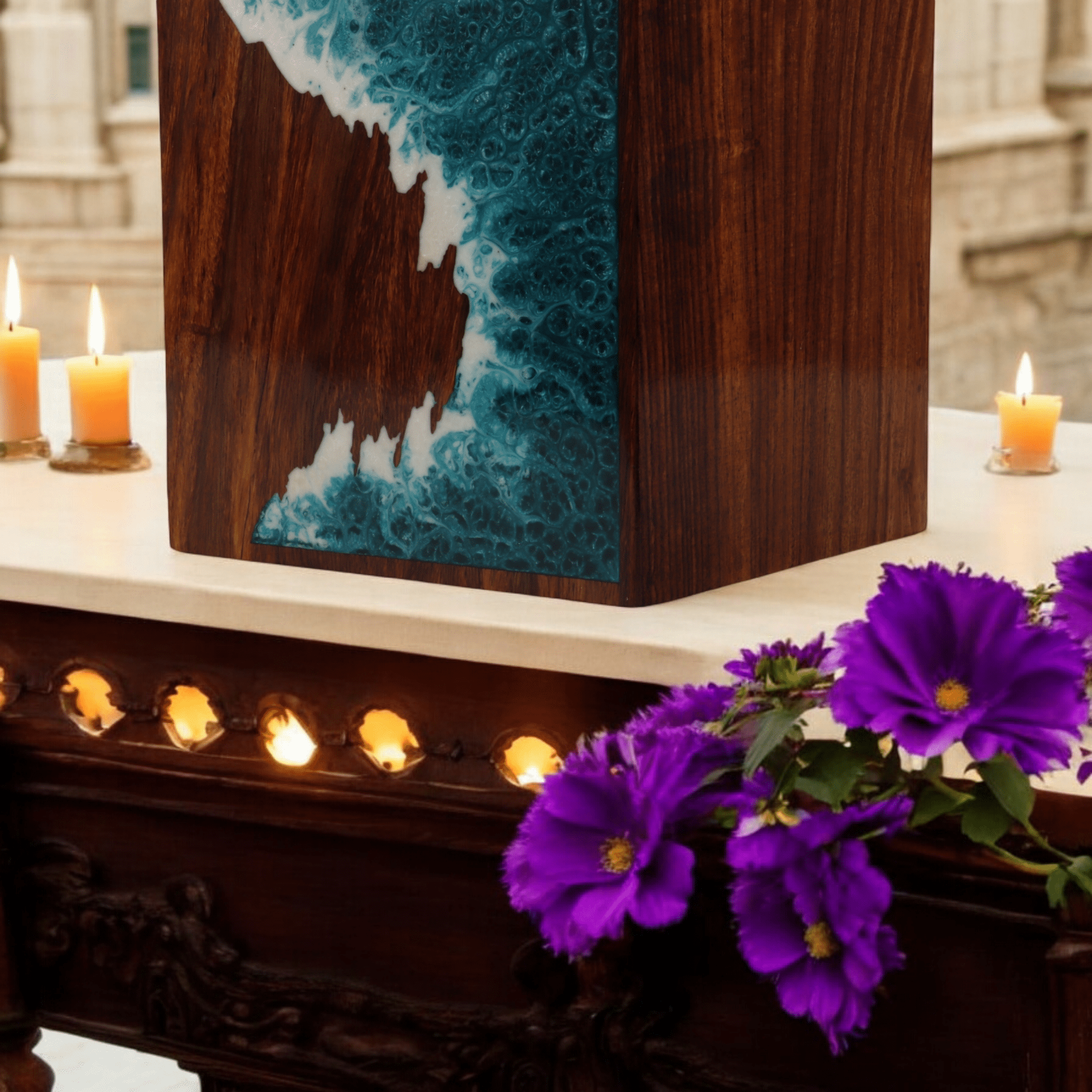 Wooden Cremation urn for Human and pet Ashes (Sea Green Sea & Waves, Keepsake, Sea)