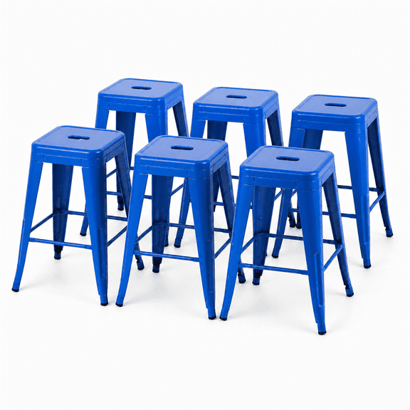 24 Inch Backless Metal Counter Stool Set of 6,Blue, Stackable with Carry Hole and Footrest