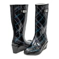 thumbnail image 2 of Women Black/Blue Plaid Rubber Rain Boots, Wedge Heel Design w/ Cotton Lining, 2 of 3