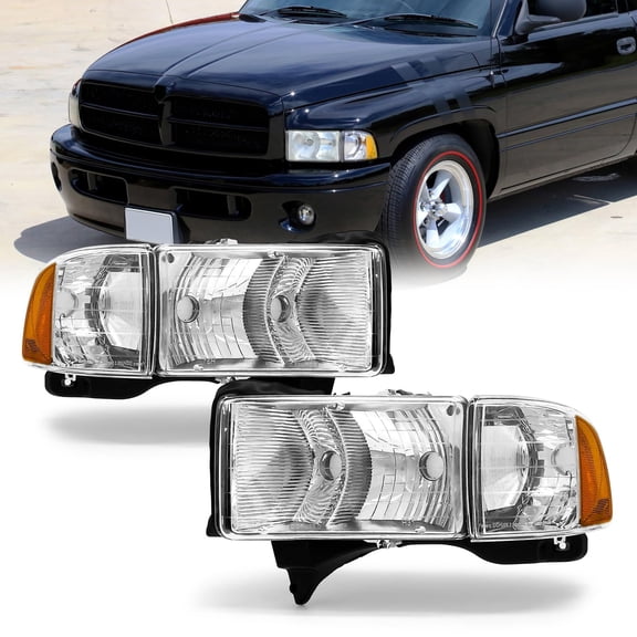 ADCARLIGHTS Headlight Compatible with Dodge Ram 1500 Sport/2500/3500 1999 2000 2001 Chrome Housing Amber Reflector Replacement Pair