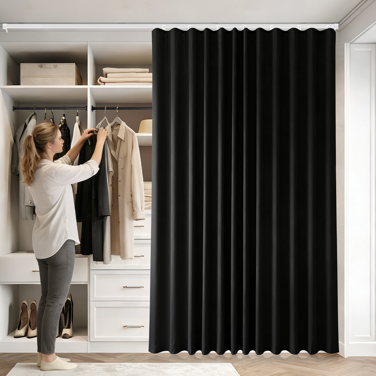 MaKefeile Blackout Curtain Divider with Ceiling Curtain Track for Room Partition,1 Panel Black Privacy Divider Curtain and White Flexible Track Set