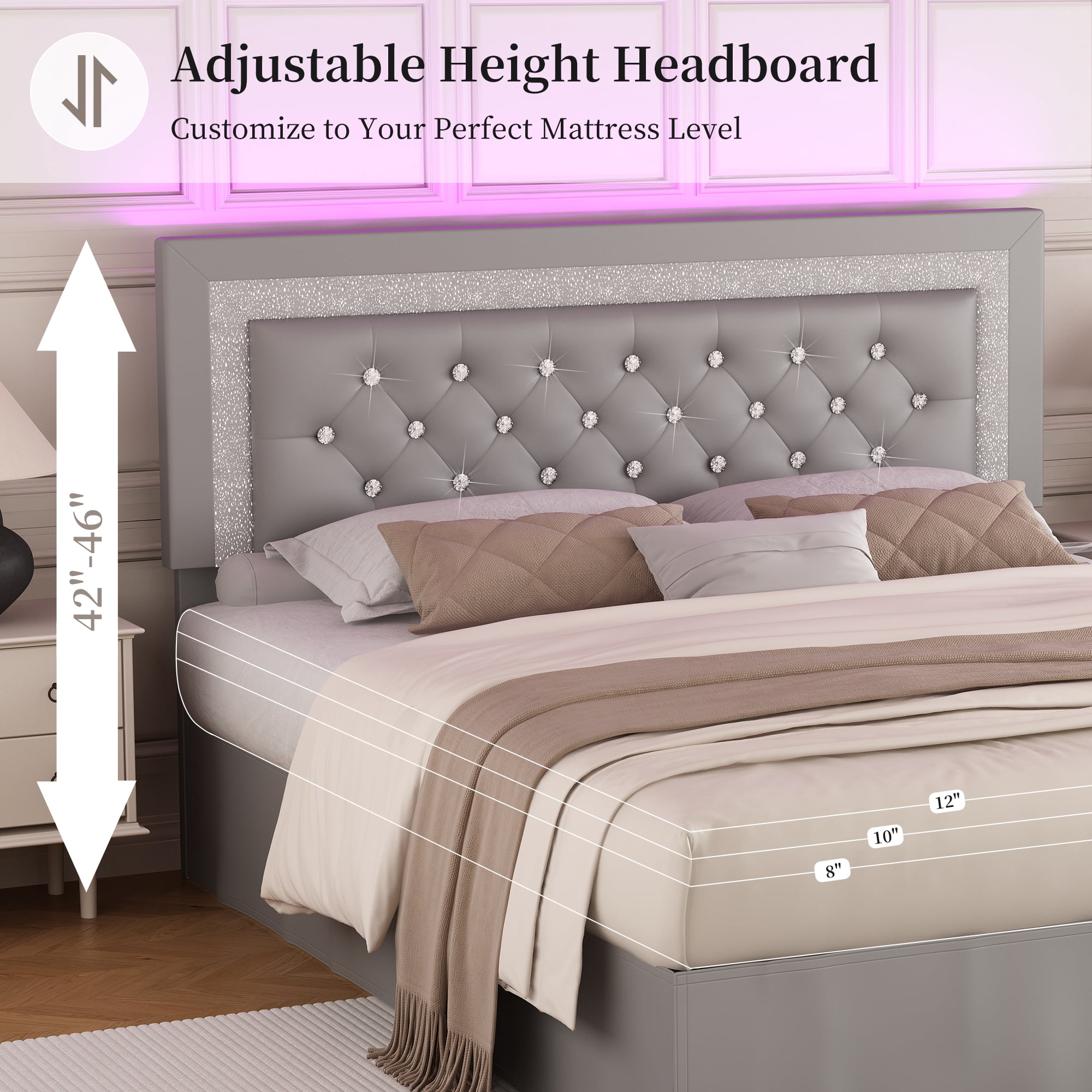 SIBEDS Queen Upholstered Bed Frame with Adjustable Headboard and LED Lights, Gray PU Tufted Diamond Button, No Box Spring Needed, Noise Free