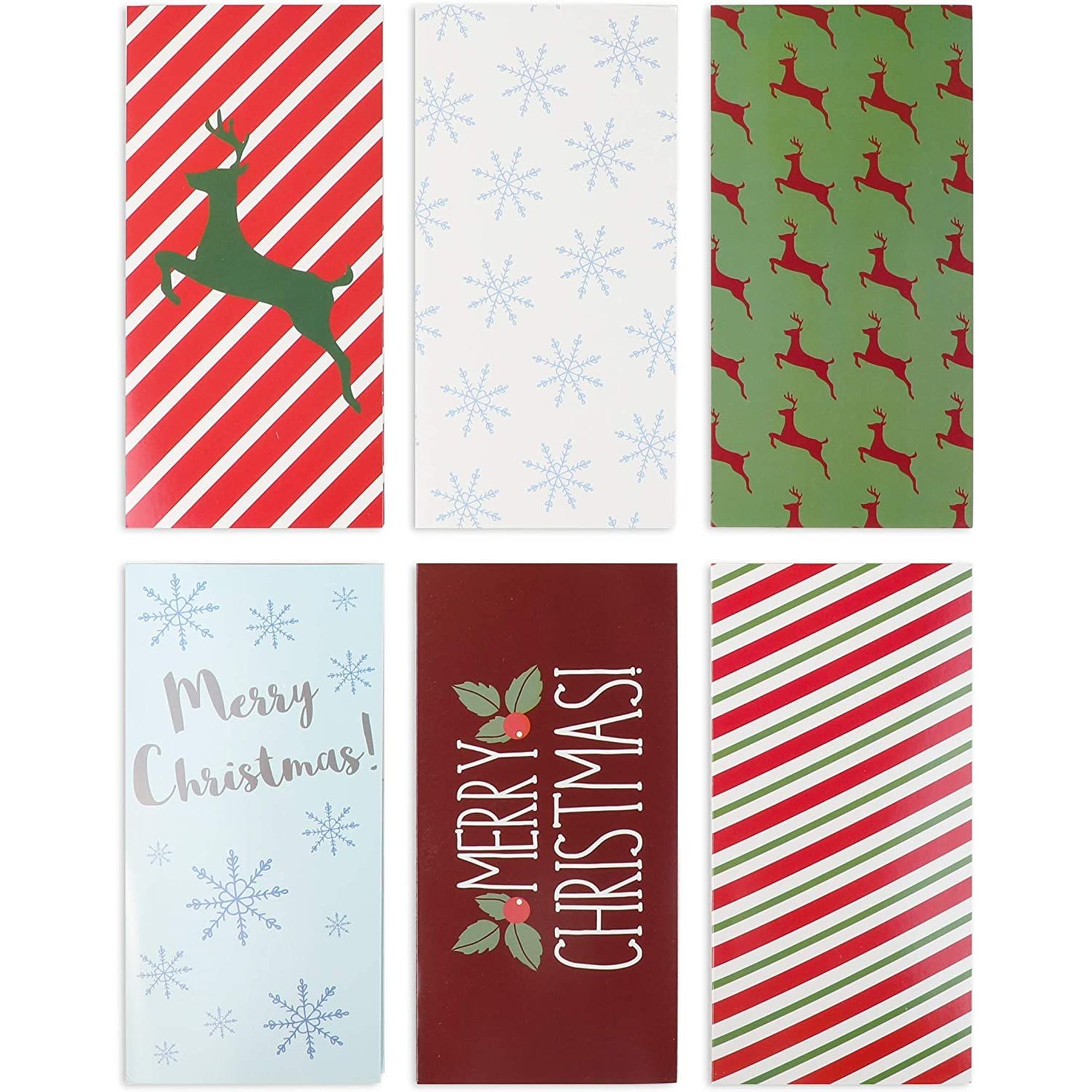 36 Pack Christmas Gift Cards Holders with Envelopes 3.5 x 7.25, 6 Cute Designs Reindeer, Snowflakes