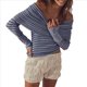 thumbnail image 2 of Jersey de Punto Y2K para Mujer, con Hombros Descubiertos, A Rayas y Larga Púrpura L, 2 of 6