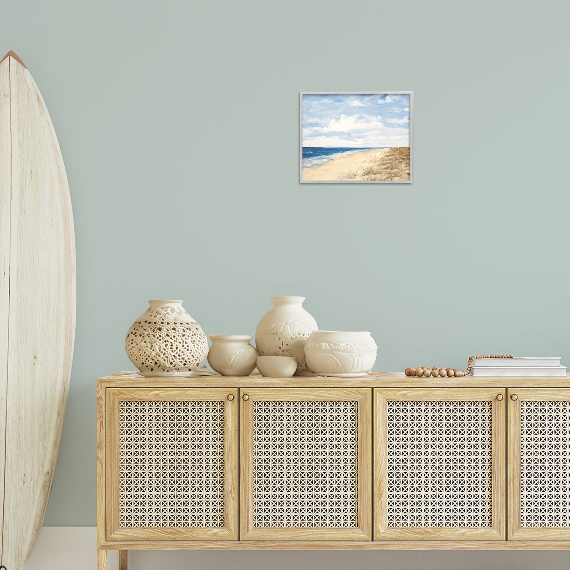 Stupell Industries Calm Beach Painting Coastal Painting Gray Framed Art Print Wall Art, 14 x 11
