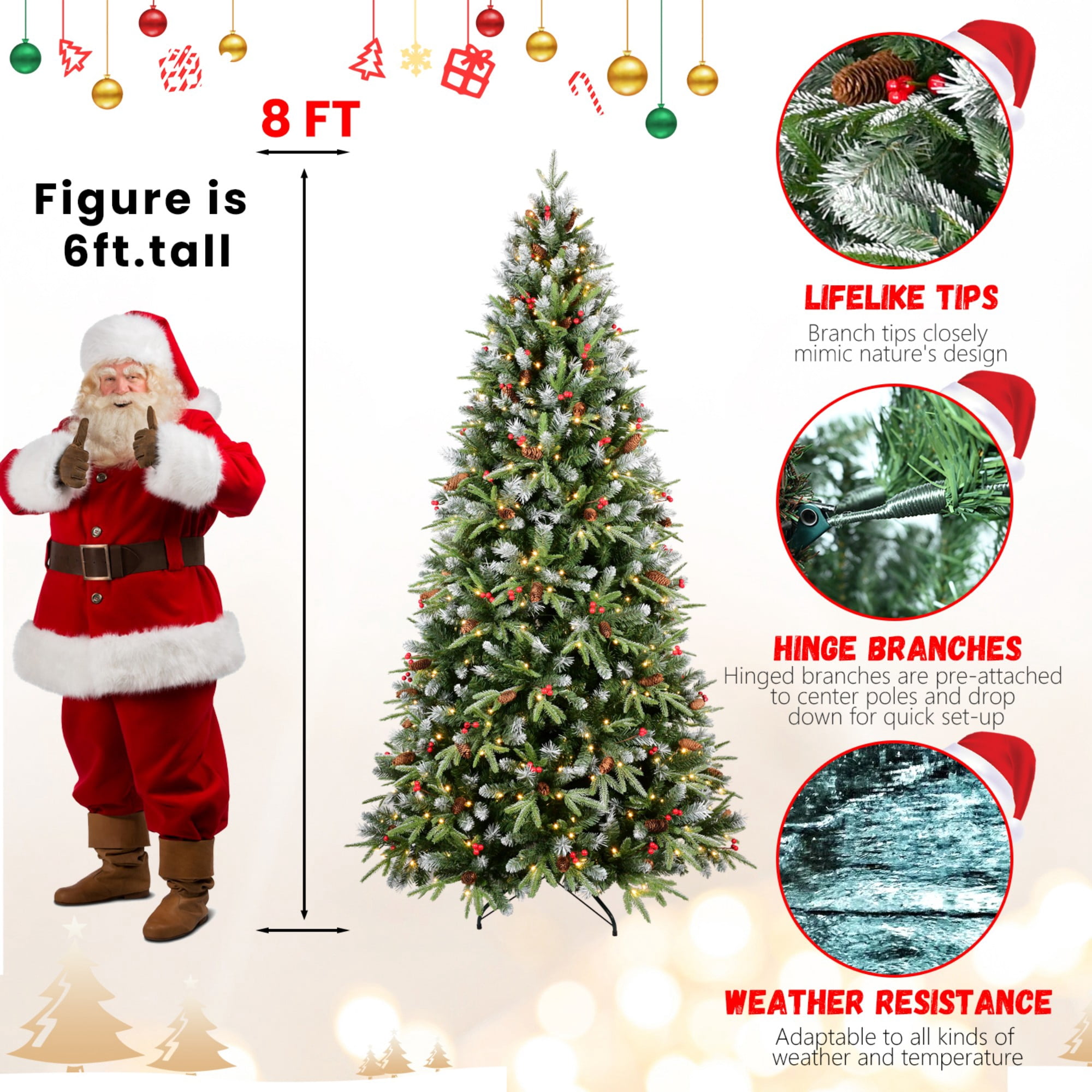 DEALTOPS 8 FT Pre-Lit Snow-Tipped Christmas Tree with Red Berries, Pine Cones, 600 Warm White LEDs & 2850 Tips
