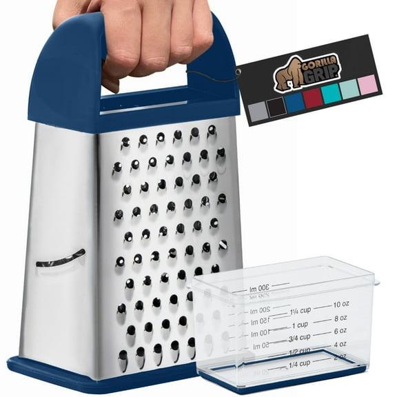 GORILLA GRIP Cheese Grater, BPA Free Stainless Steel Box Graters, Cheeses and Veggie Shredder, Blue