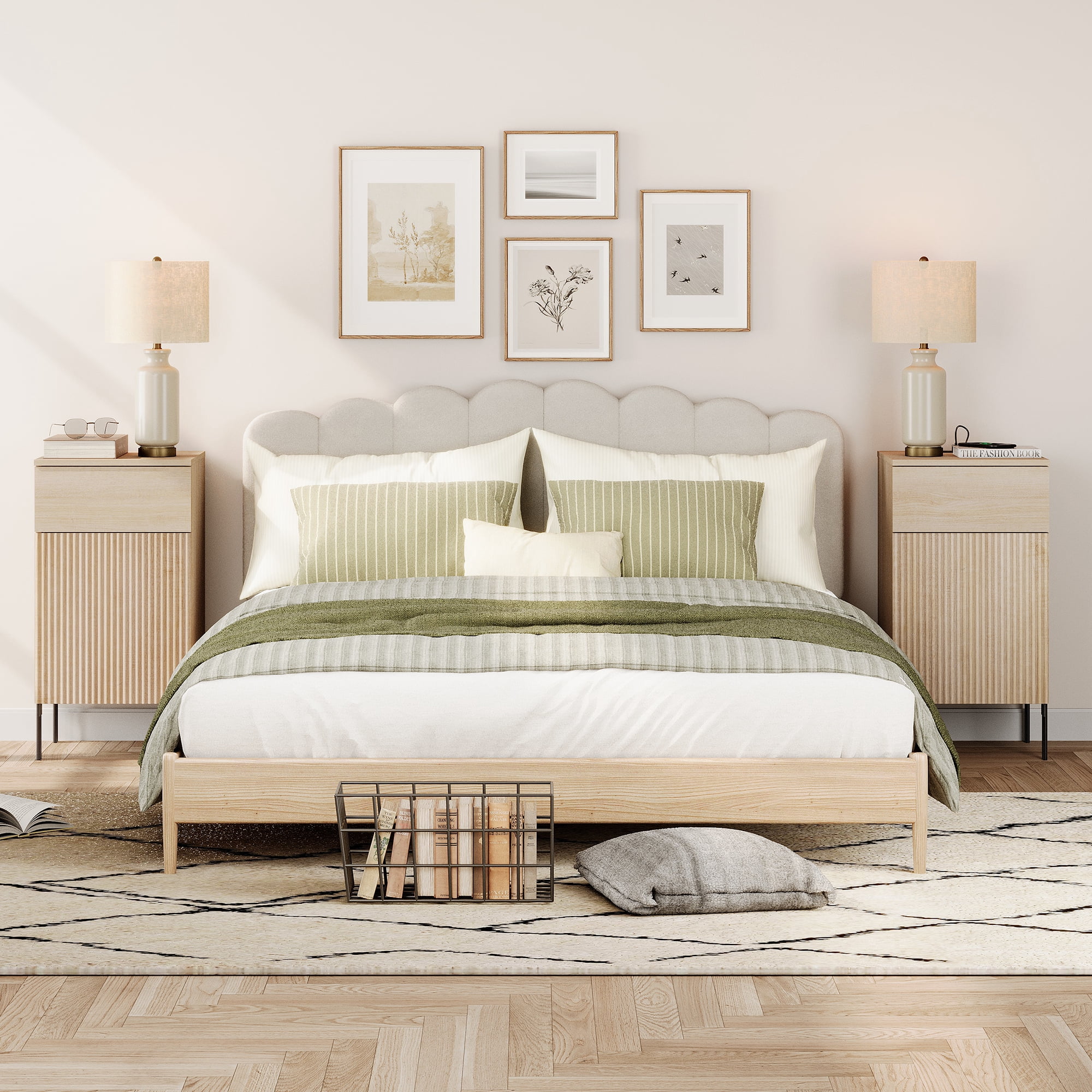 4 Pcs Bedroom Set，Reeded Dresser and Nightstand Sets for Bedroom, Wooden Dresser Set with Doors, Night Stand of 2 with Charging Station
