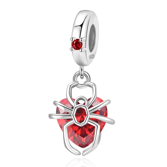 925 Sterling Silver Spider Heart Dangle Charm, Red Cubic Zirconia Gothic Pendant Bead Compatible With Standard Women Chain Bracelets Halloween Jewelry Gift
