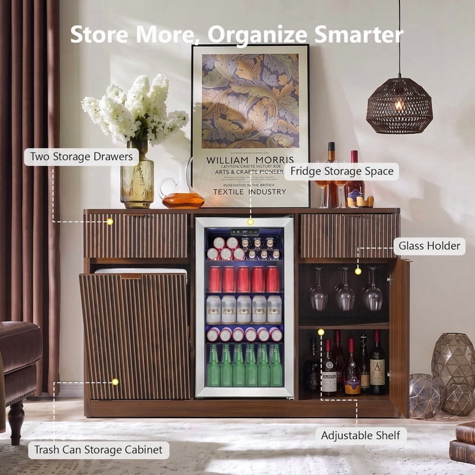 59"W Coffee Bar Storage Cabinet with Small Fridge Space, Kitchen Sideboard Buffet with Tilt-Out Trash Cabinet & Charging Station