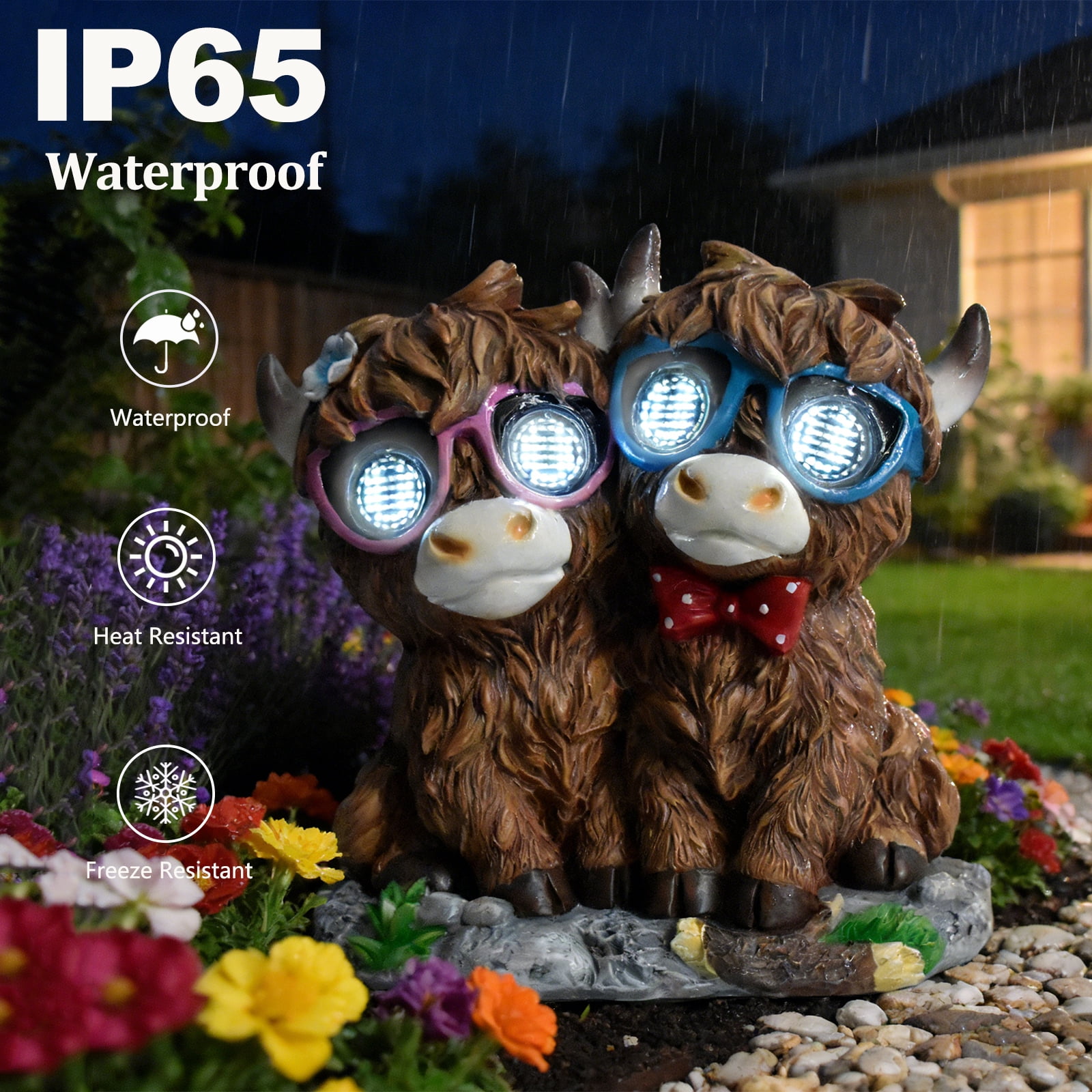 Solar Garden Highland Cow Decor Outdoor, Couple Highland Cow Statues with Dynamic LED Lights, Resin Highland Cow Figurine Lights for Garden Patio Lawn Yard Decor, Unique Birthday Gifts for Women Mom