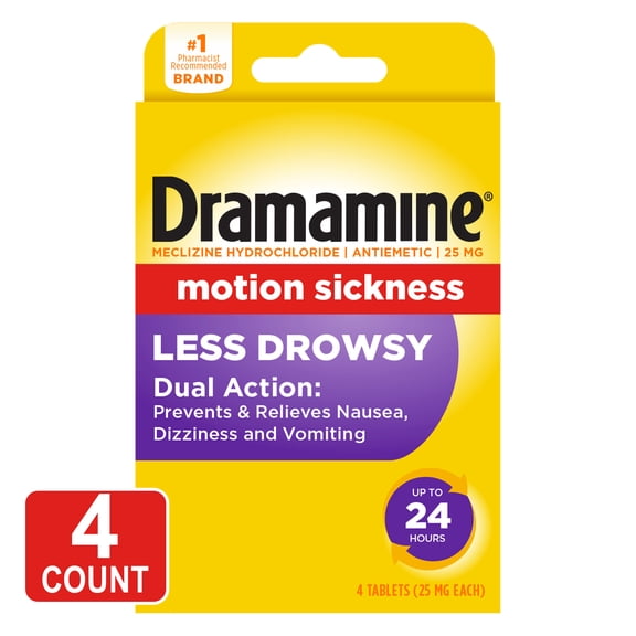 Dramamine Motion Sickness Relief - All Day Less Drowsy, 4 Count