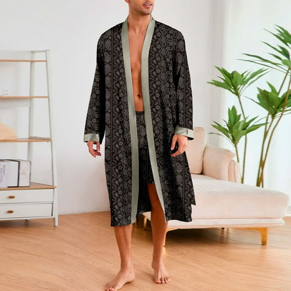 Mens Pajama Set Man Printing Simulation-Silk Home Tie Robe Shorts Pajama Sets Fall Pajamas for Men Pijamas Men's Sleepwear Soft Pjs for Men Set Mens Soft Pajamas Sets