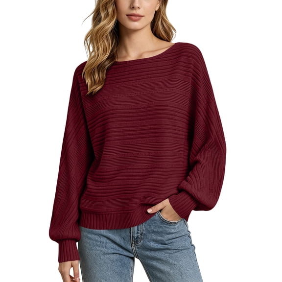 SSZMDLB Women Long Sleeve Knitted Sweater Round Neck Loose Fit Solid Casual Basic Tops for Travel Fall Winter Ladies Pullover Comfortable Everyday Wear, Wine XL