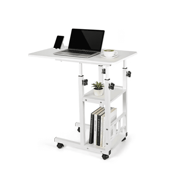 Mobile Rolling Side Table with Wheels Adjustable Height C Shaped Desk for Couch 3 Tier Storage Shelves White