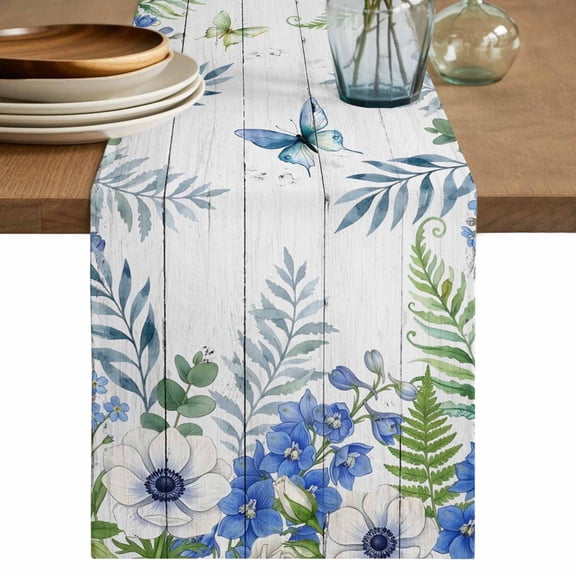 Spring Floral Table Runner 60 Inches, Watercolor Flowers Butterfly Botanical Wood Gray Bed Runner Dresser Scarves Tabletop for Indoor Outdoor Parties/Ceremony/Banquet, 13" x 60"