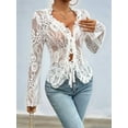 thumbnail image 4 of Lace Tops for Women Long Sleeve See Through Sheer Mesh Crop Top Shirt Open Front Tie Blouse Ruffle Cream White S, 4 of 8