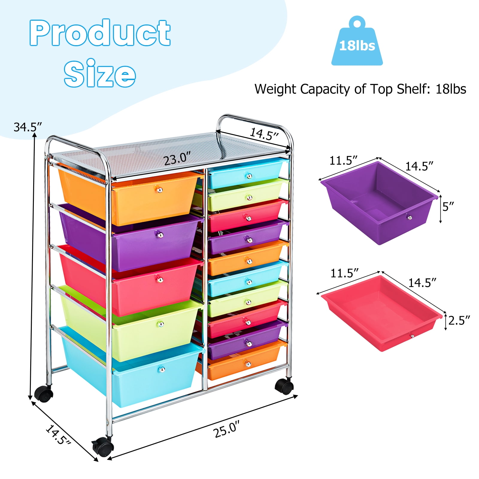 Costway 15-Drawer Rolling Storage Cart Mobile Organizer with Lockable Wheels Multicolor