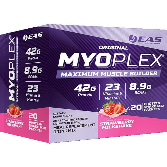EAS Original Myoplex Maximum Muscle Builder | Meal Replacement Protein Drink Mix | Quality Protein Blend | 42g Protein | 20 Individual Packets (Strawberry Milkshake)