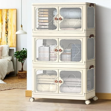 Storage Bins with Lid, Extra Large Collapsible Storage Bins, 3 Packs Stackable Storage Bins with Wheels,Closet Organizers and Storage, Double Door Stackable Storage Bins for Home, Ofiice, Dorm