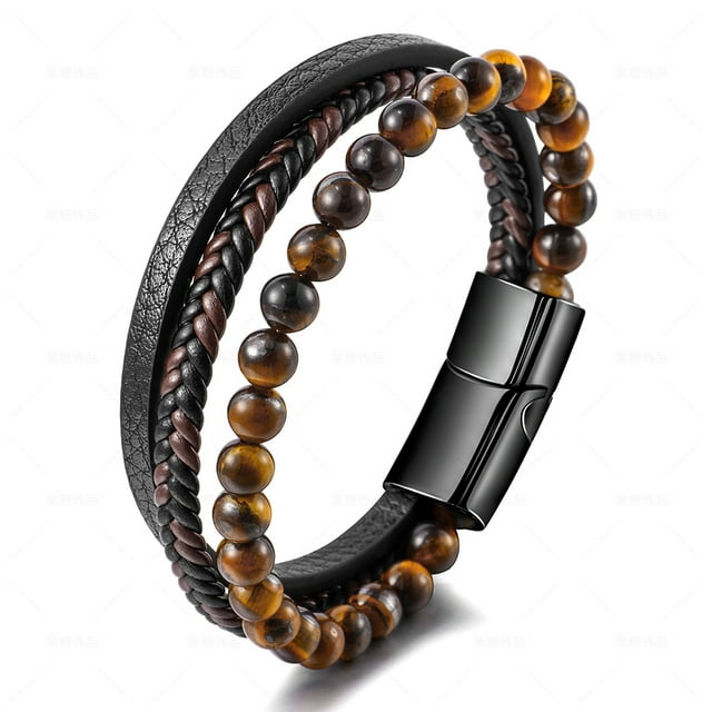 ZHAOCHENG Pulsera para Hombre,(Ojo de Tigre Piedra Amarilla)Pulsera de Cuero para HombrePulsera de Piedra con Cierre Magnético de Acero Inoxidable