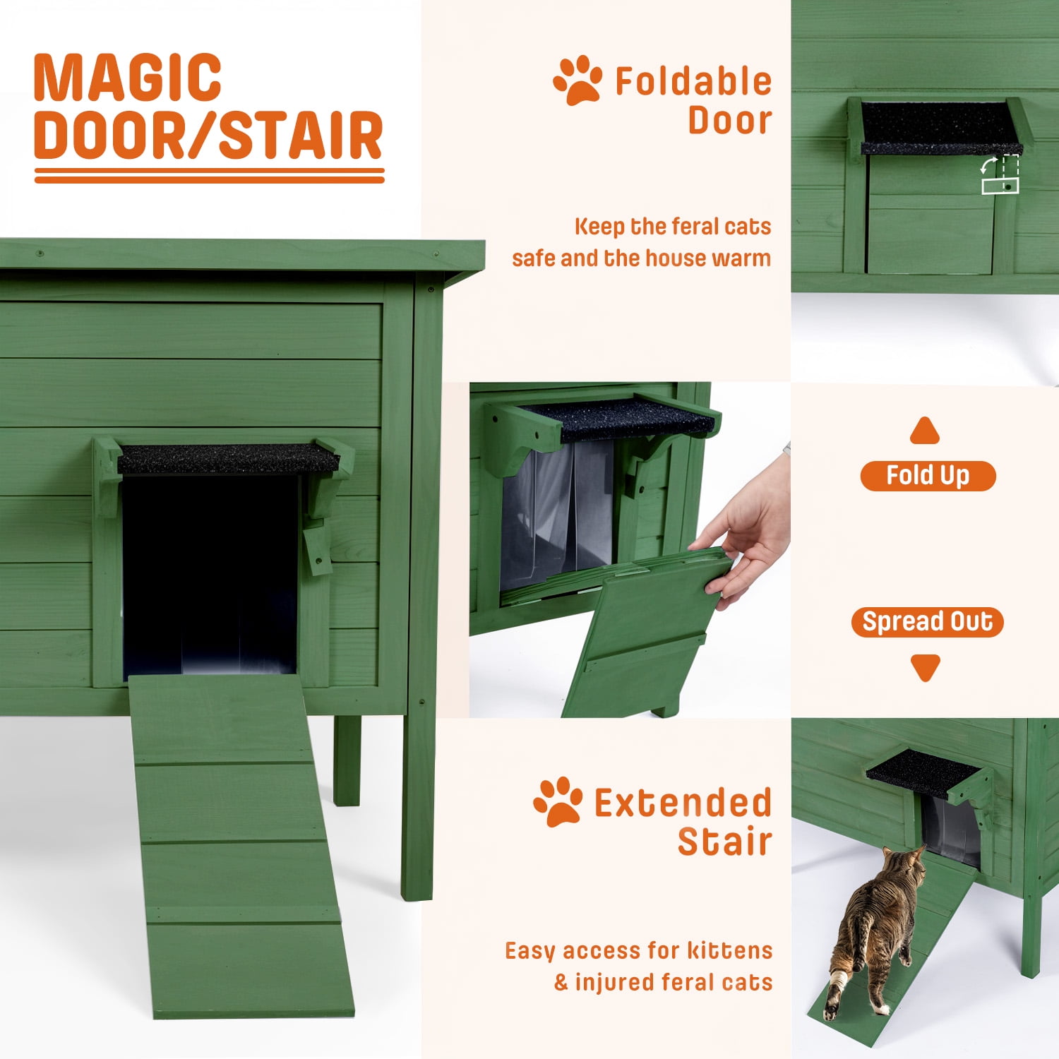 Outdoor Cat House Insulated for Multiple Cats, Weatherproof Large Wooden Pet House, Feral Cat Shelter, Foldable Ladder and Acrylic Side Window, Dark Green