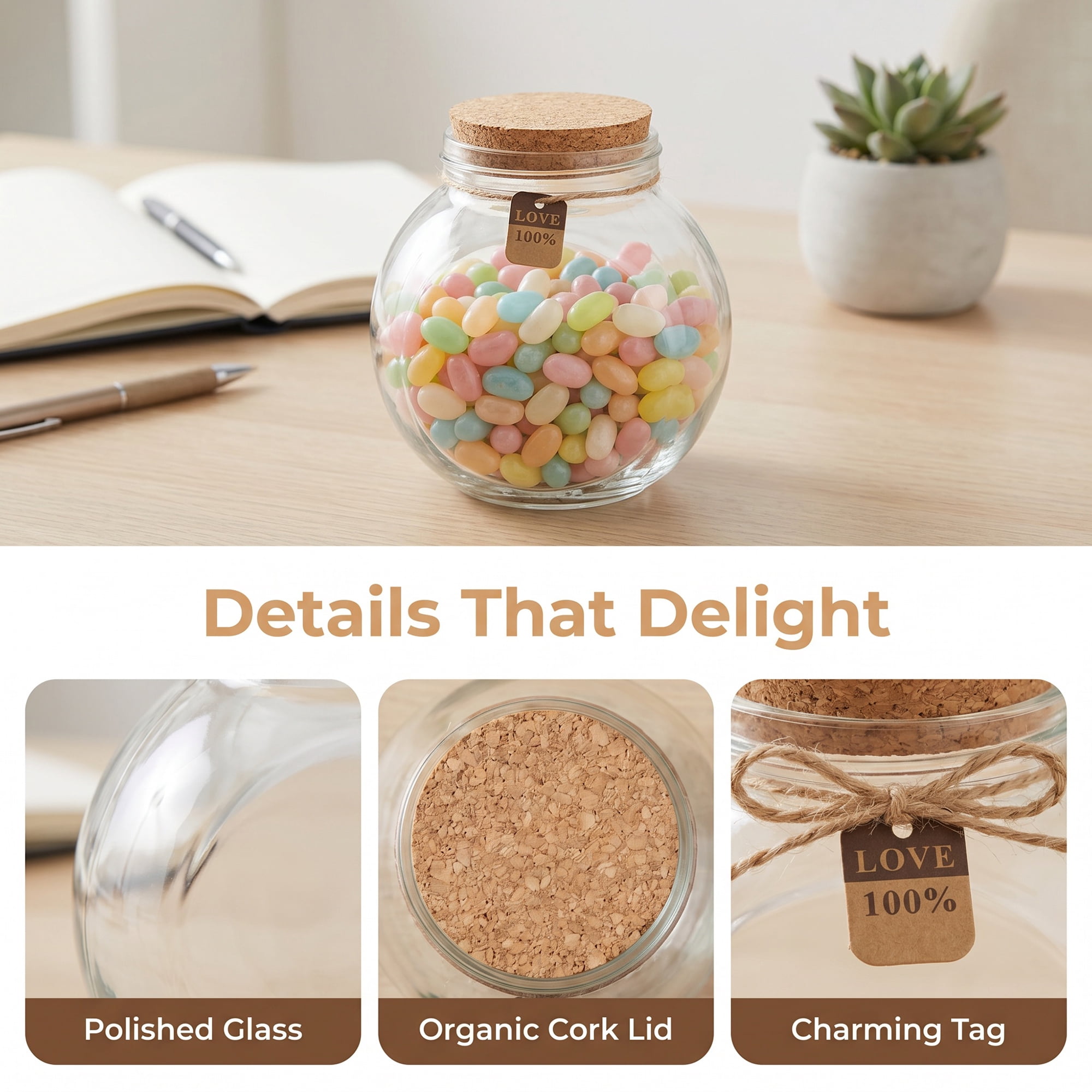 Unique Bargains Glass Storage Jars with Cork Lids and Jute Twine Tags 4.1"x 4.1"x 5.3"
