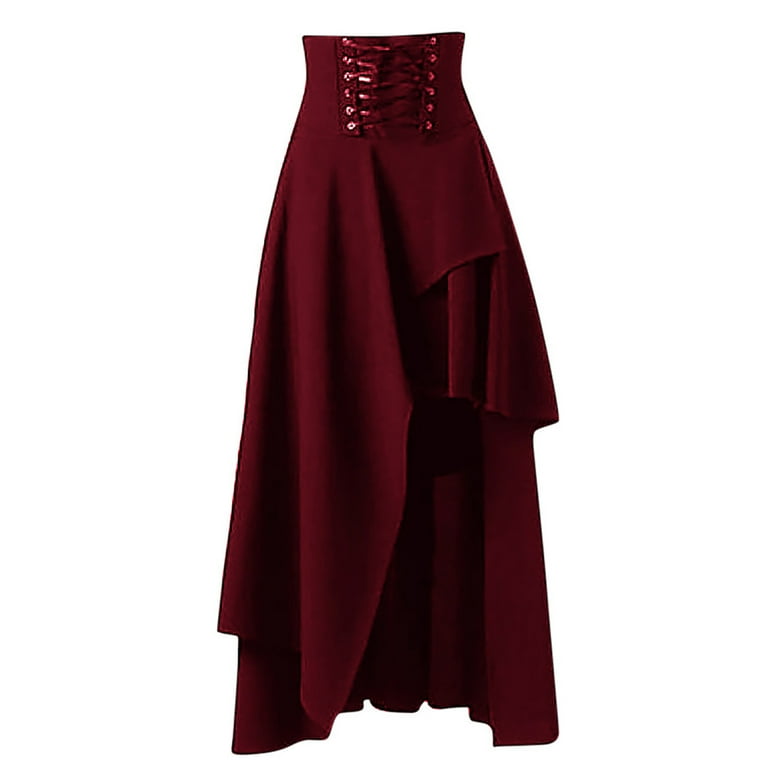 Zunfeo Fall Skirts for Women 2023 Gored Skirt Gothic Vintage Maxi Victorian High Waisted Lace up Woolen Party Tiered Skirt Wine 12 Walmart