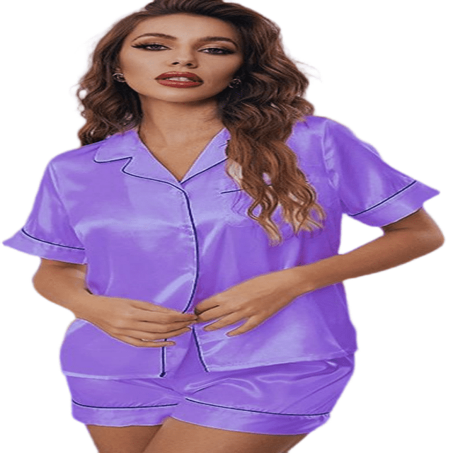 LYMAYTER Ensemble de Pyjama en Satin pour Femmes 2 Pcs Manches Courtes Boutonné Haut et Shorts P-3TG