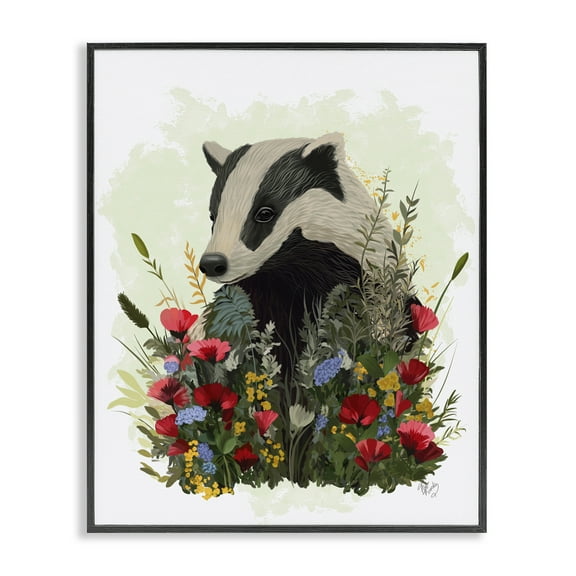 Stupell Industries Badger with Poppy Blossoms Animals & Insects Painting Black Framed Art Print Wall Art, 11 x 14