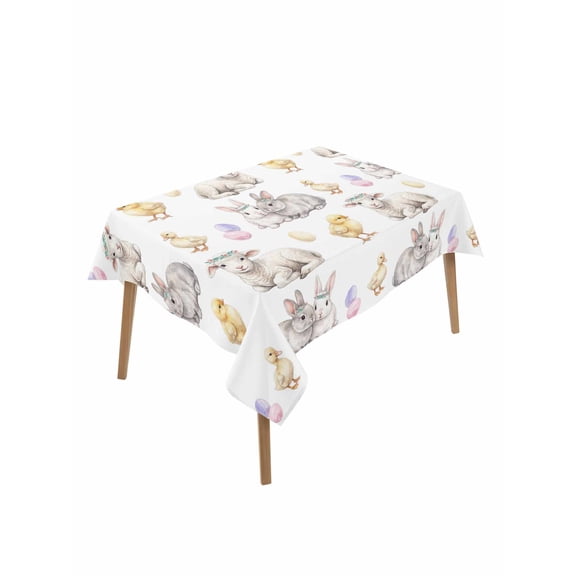 Happy Easter Rectangle Tablecloth, Spring Bunny Chickens Lambs Easter Eggs Waterproof & StainResistant Tablecloth, Washable Oil-proof Table Cover for Dining/Party/Wedding/Camping/Buffet 60x84 In