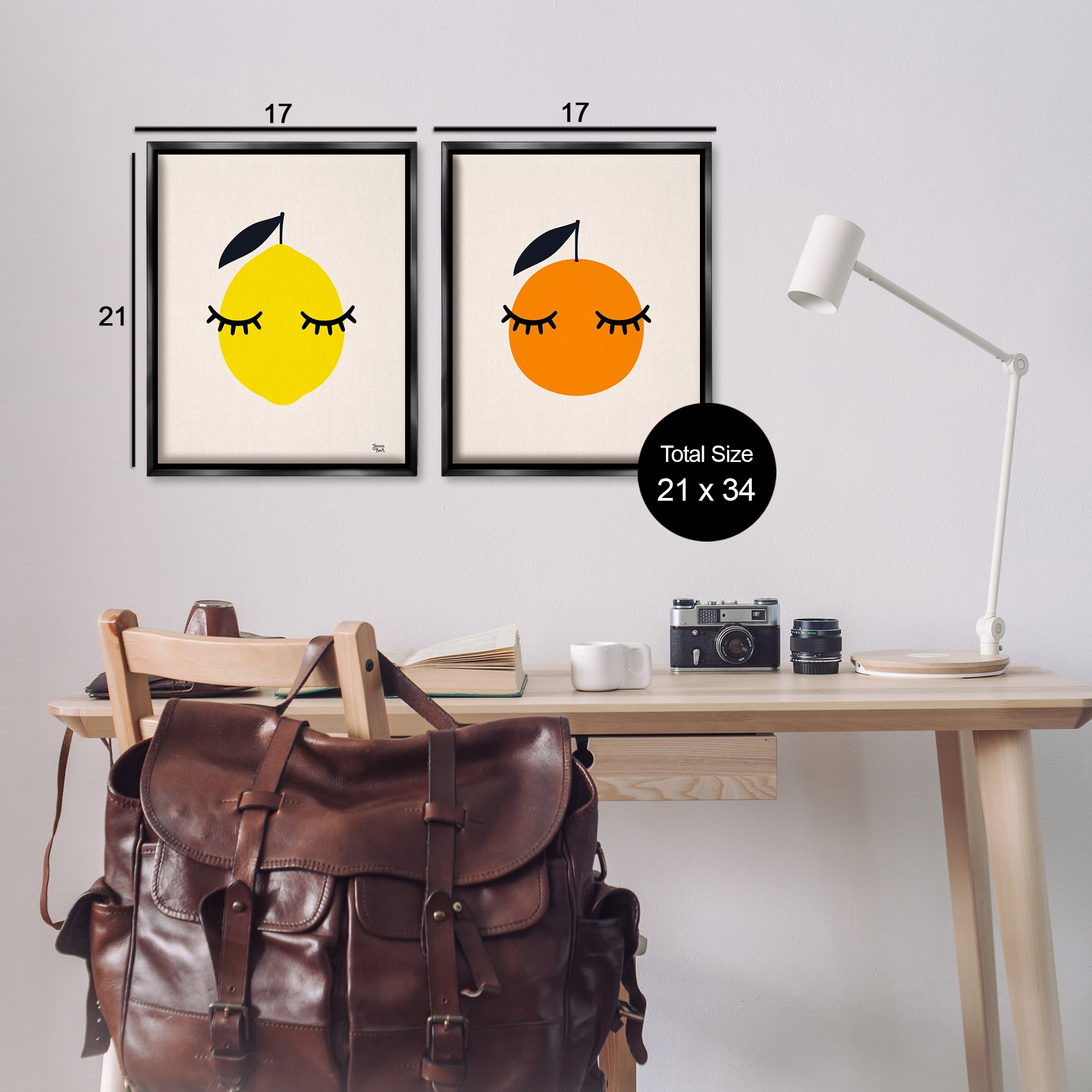 Stupell Industries Lemon & Orange with Eyelashes Food & Beverage Painting Black Floater Framed Canvas Art Print Wall Art, 17 x 21, Set of 2