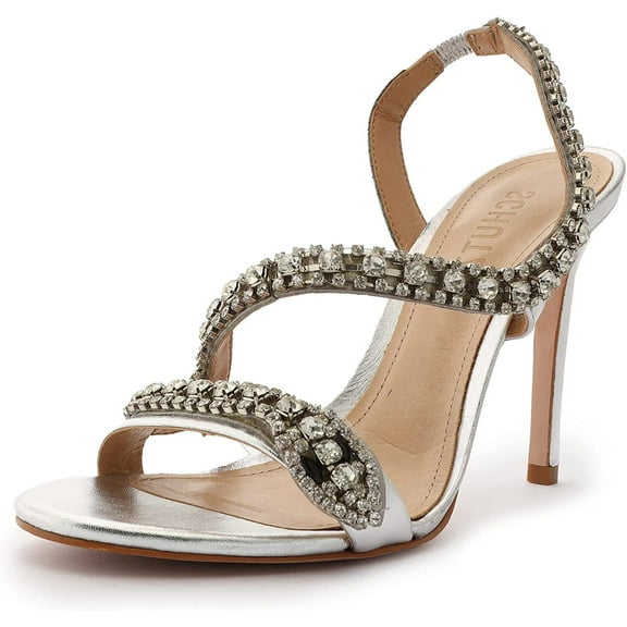 Schutz Court Prata Metallic Crystal Studs Pull On Open Toe Stiletto Heel Sandals (Prata, 6)