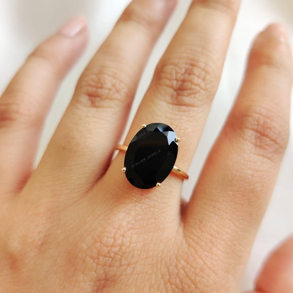 Natural Black Onyx Ring, 14K Solid Yellow Gold Black Onyx Ring, July Birthstone Ring, Christmas Gift, Oval Cut Ring, Black Onyx Ring