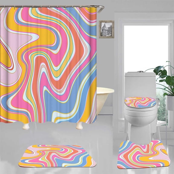 4PCS Tropical Shower Curtain Sets with Rugs, Mid Century Shower Curtain, Waterproof Fabric Shower Curtain, Green Palm Tree Summer Sun Hawaiian Minimalist Modern Boho Aesthetic Bathroom Decor