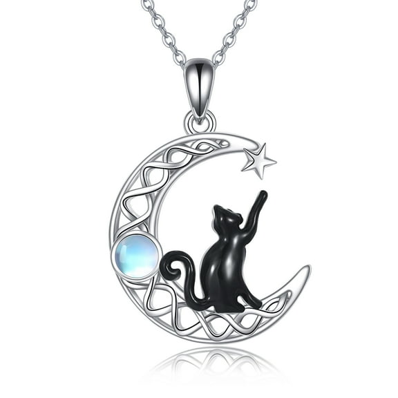 S925 Sterling Silver Black Cat Necklace for Women Sterling Silver Moonstone Cat Jewelry Irish Gifts (star)
