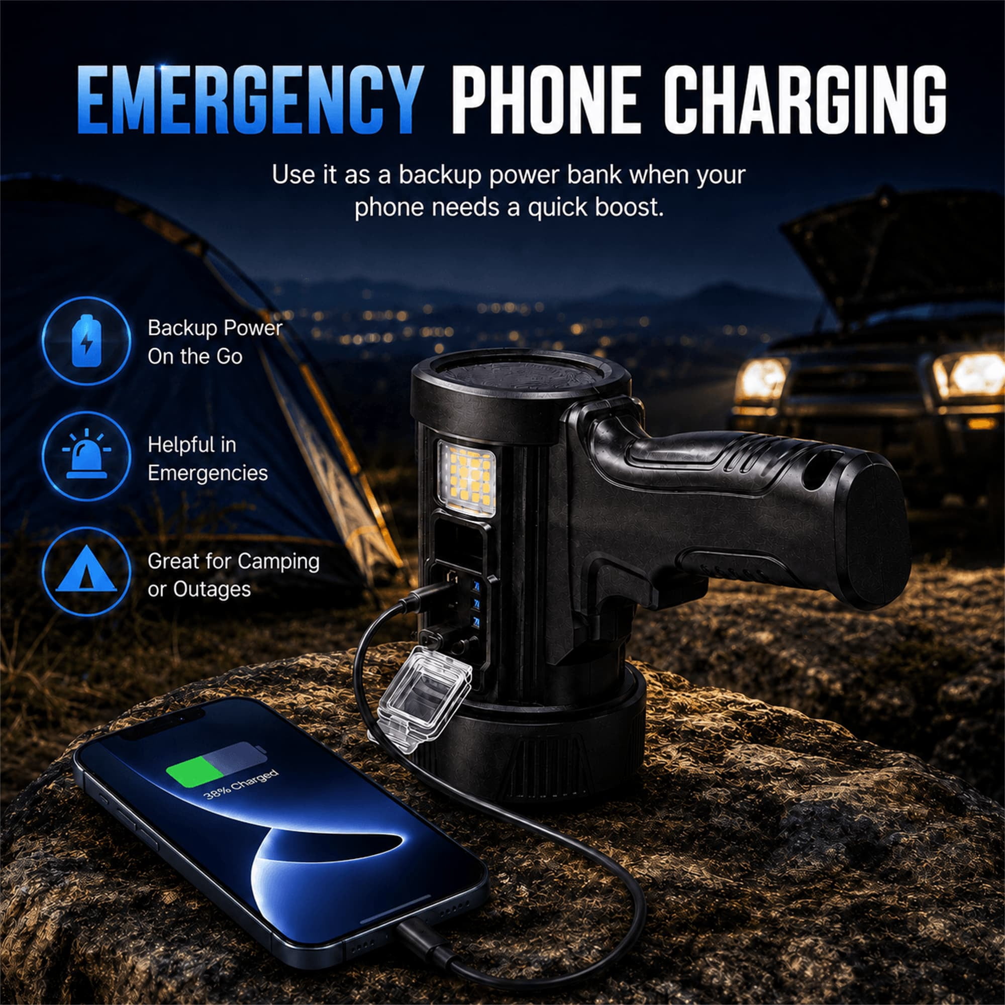 Sentryse Rechargeable Spotlight Flashlight, 99,000 Lumens Super Bright Handheld Spotlight, Long Running Spot Light Searchlight with Solar Panels for Hunting Boating Camping, Black Small