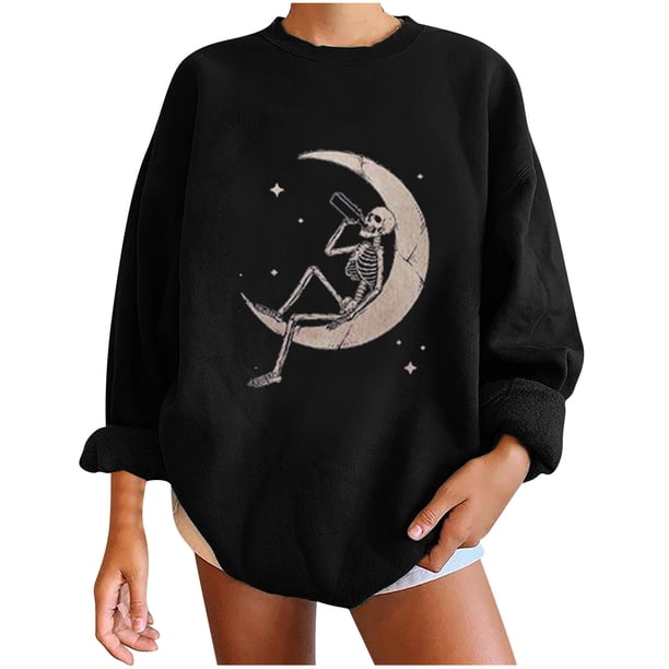 Sudadera extragrande de lana de manga larga con cuello redondo y estampado de calavera para mujer Pompotops gfhjh16637