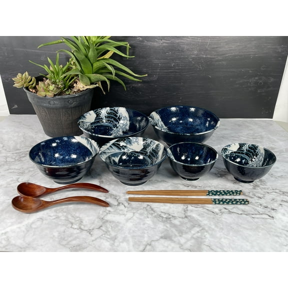 Oriental Waves Design Ceramic Dinnerware Set Rice Bowl Soup Bowl Serving Bowl with chopsticks 10 pcs