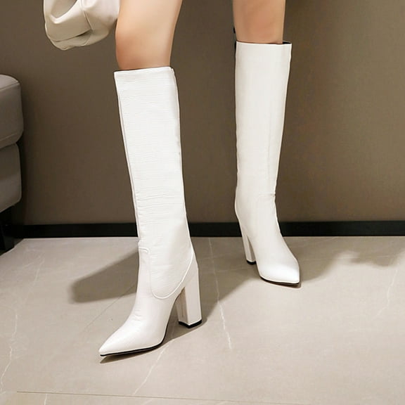 Bnwani Womens Boots Fall Winter Pointed Toe Knee-High-Heel Thick Knee-High 0 Boot White Size 5.5