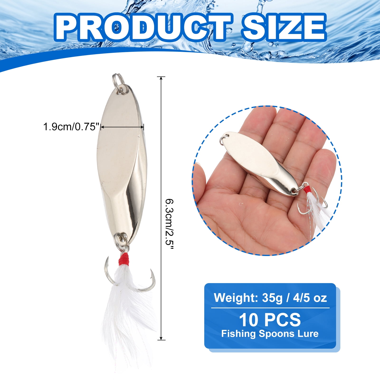 Uxcell Fishing Spoons, 10 Pcs 4/5 oz Fishing Lures Casting Spoon Treble Hooks Jigs Hard Metal Spinner Baits for Freshwater Saltwater Salmon, Silver Tone