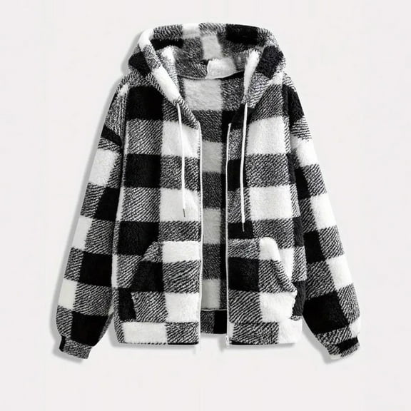 Womens Jacket Autumn Winter Fashionable Checkered Pattern Coat Pocket Zipper Hooded Loose Coat Trench Coat Women Black L