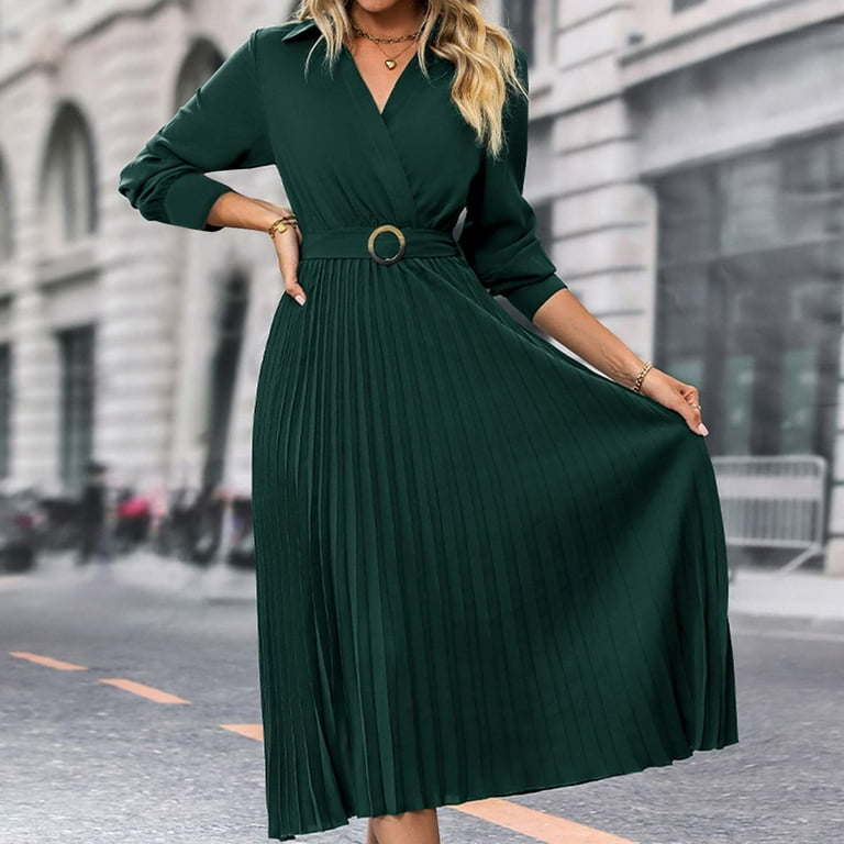 YHAJDS Women's Casual Dress,Fall Dresses for Women Long Sleeve V Neck Solid  Color Ruffled Mid Calf Length Casual Comfortable Midi Dress